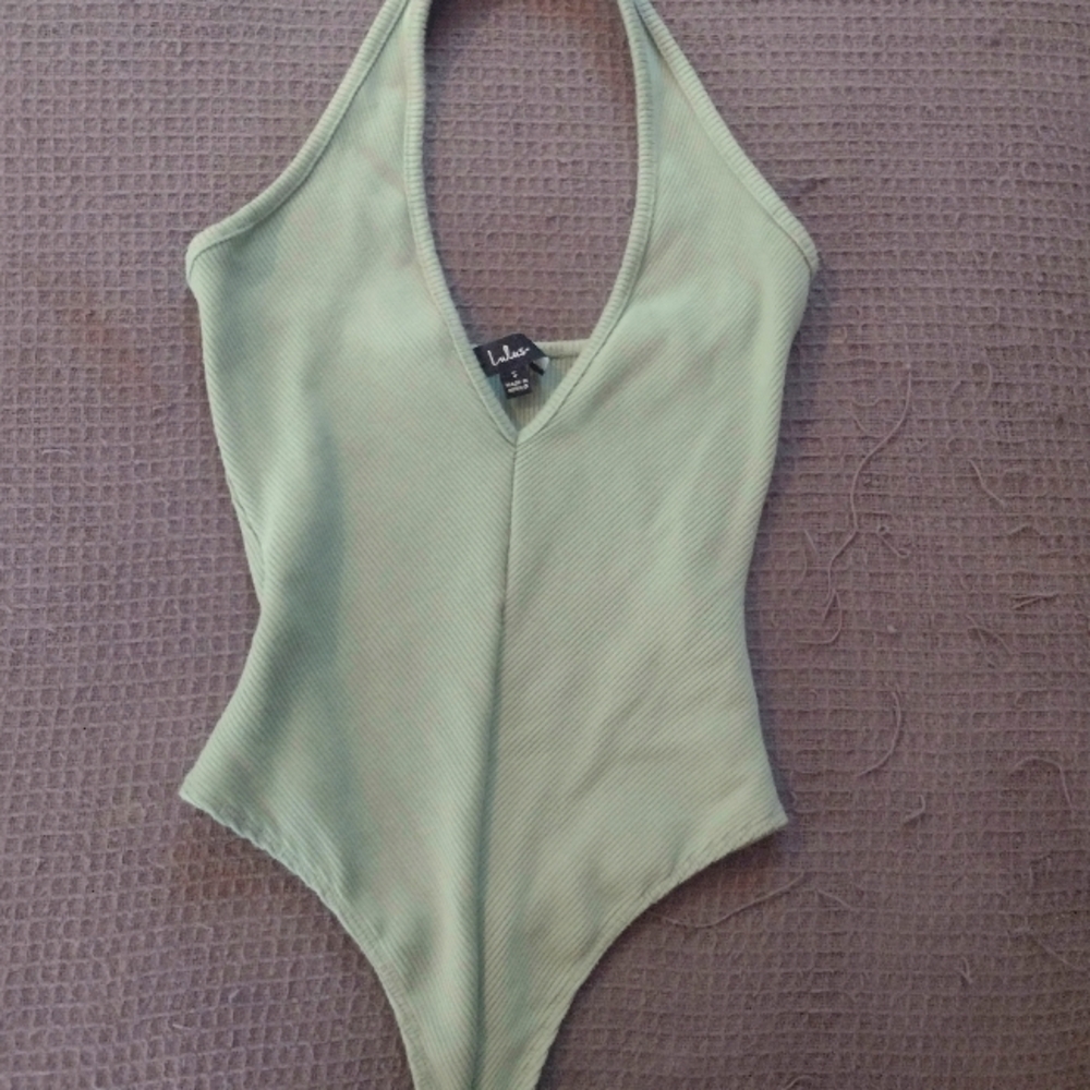 Lulu's Sage Green Ribbed Halter Bodysuit - Picture 4 of 6